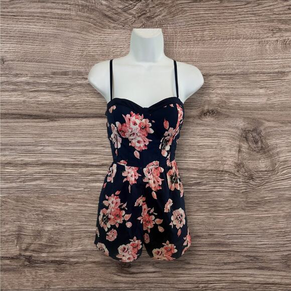Band of Gypsies Pants - Band of gypsies Adj Straps Navy Pink Floral Smocked Back Bodice Romper.  XS